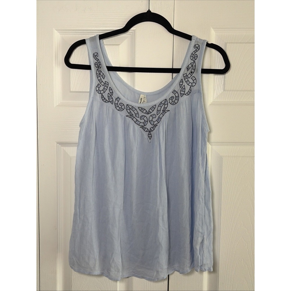 Mudd Boho Embroidered Tank Top Womens Size M Blue Rayon Sleeveless Gauze Blouse